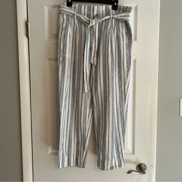 Madewell Women's Linen Cotton Blend Paperbag pants blue white belted size 12 - Picture 12 of 12